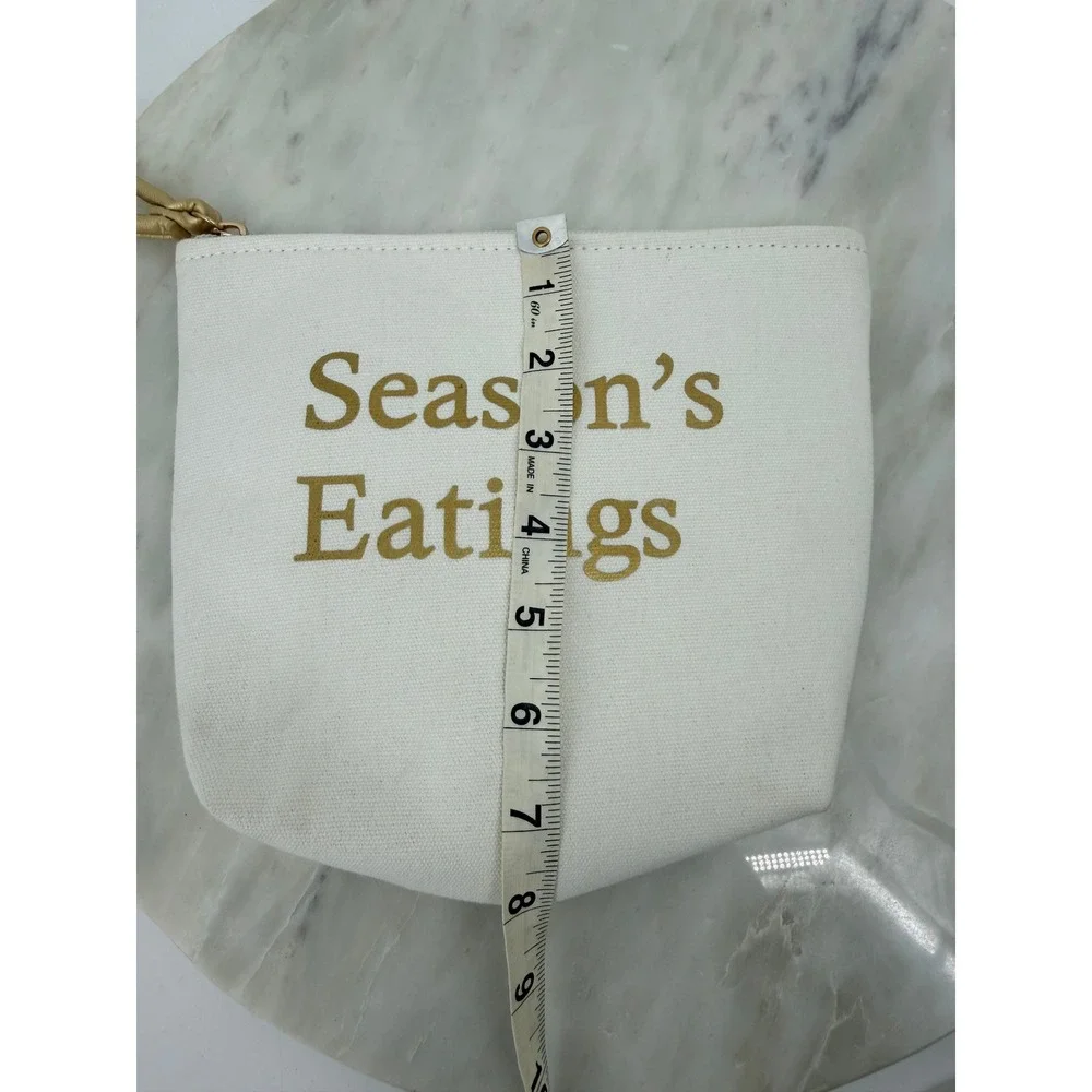 Season's Eatings Canvas Pouch Gold Metallic Holiday Wristlet White Vegan Bag